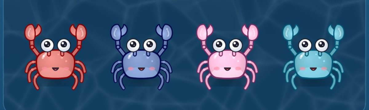 Four little crabs in red, blue, pink and teal cheering after a level is cleared