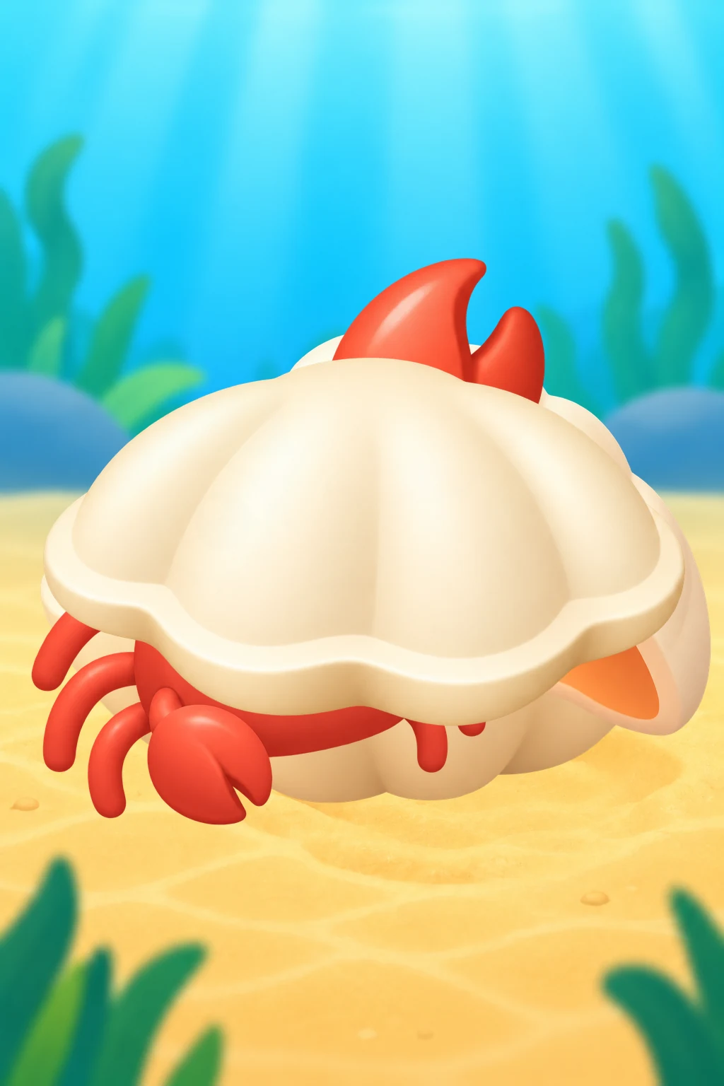 A red crab tucked inside a big cream clam shell on the sandy lagoon floor