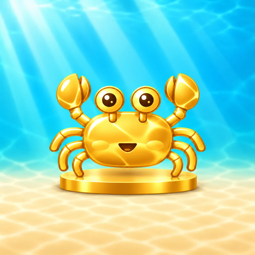 A golden crab trophy on a gold stand, on a sunlit sandy lagoon floor