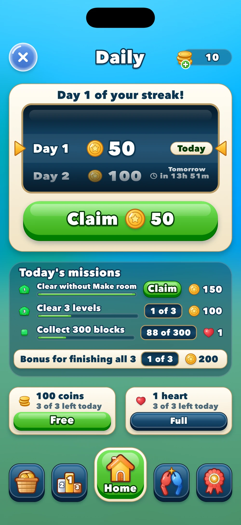 The Daily page with the streak reward, today's missions and a Claim button