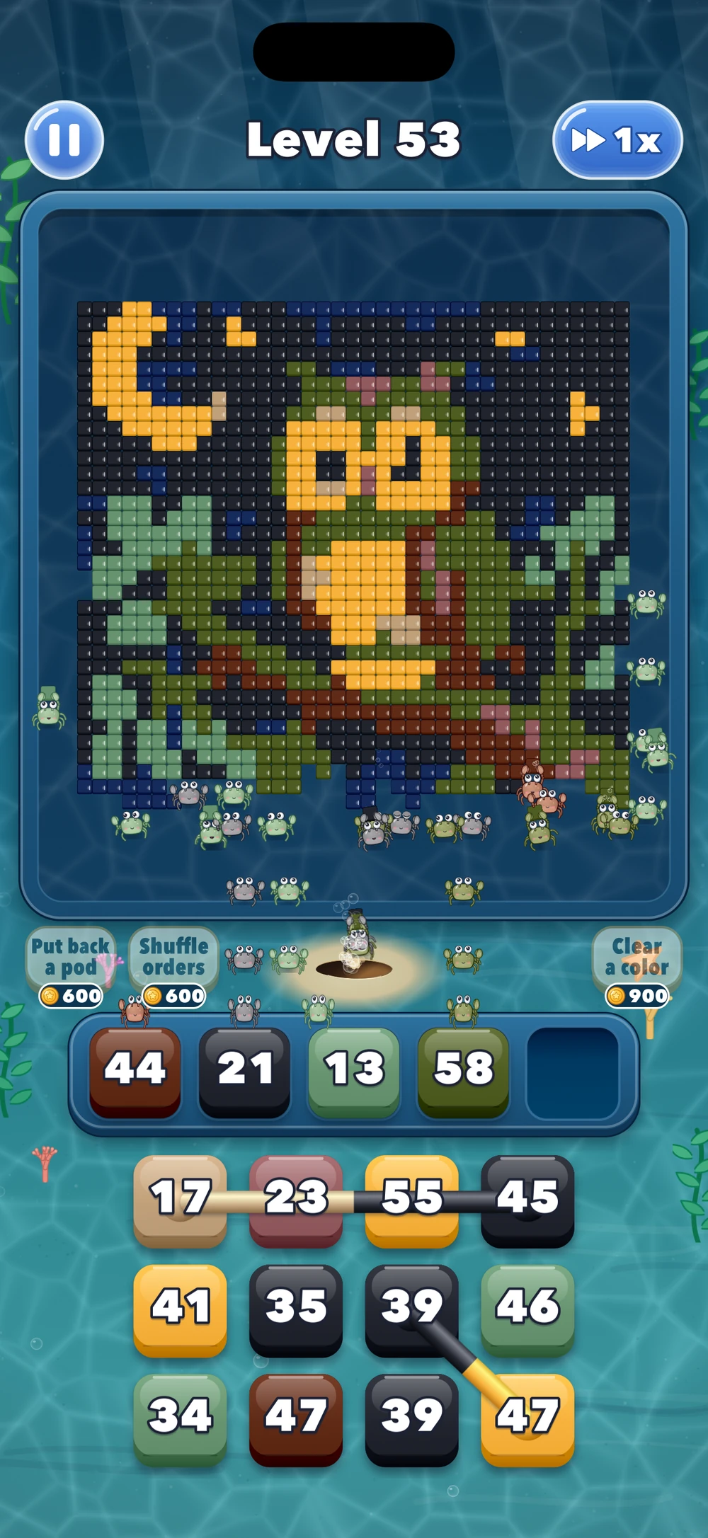 An owl under a crescent moon made of blocks, with linked orders joined by bars in the queue