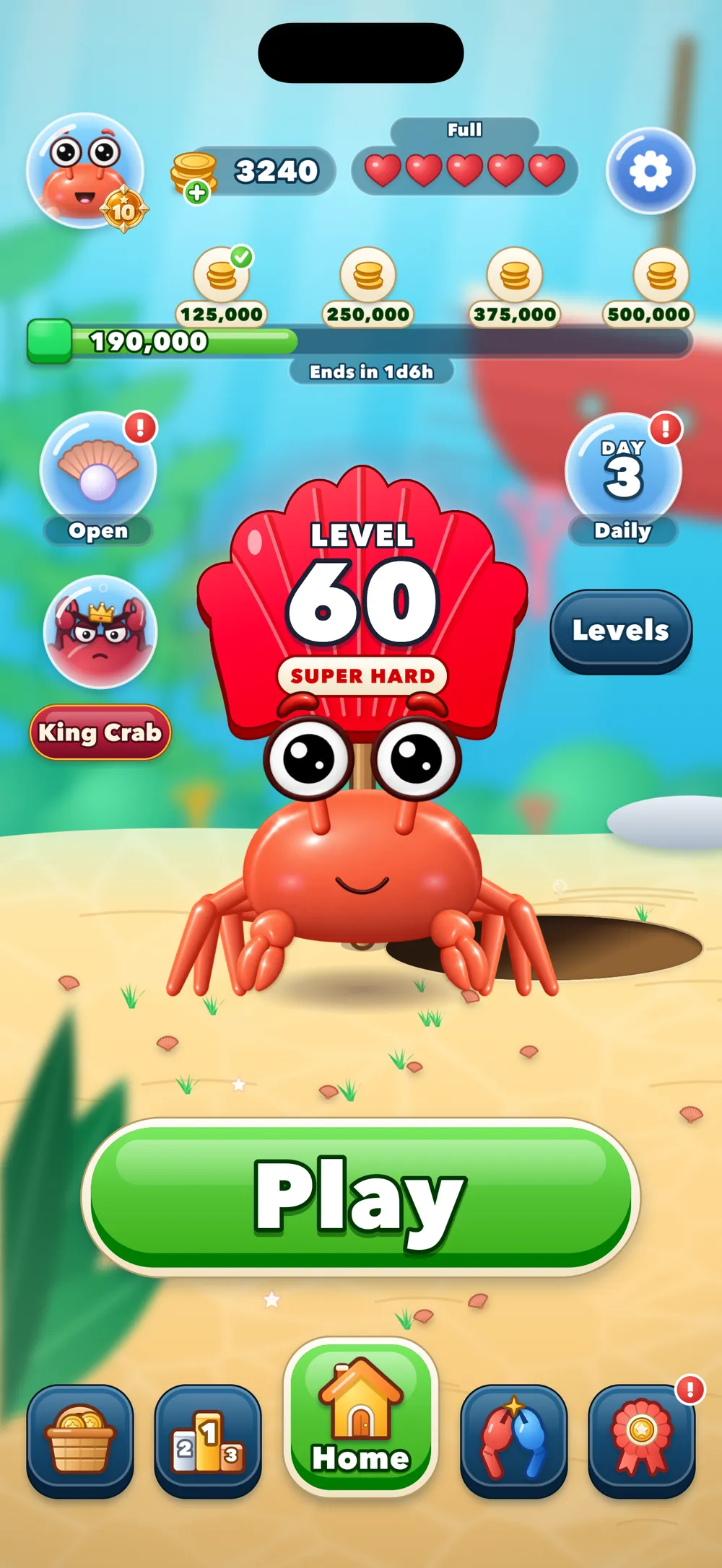 The home screen: a red crab holds up a red Super Hard Level 60 sign above the big green Play button, with the daily clam, the Daily streak and a King Crab bubble around him