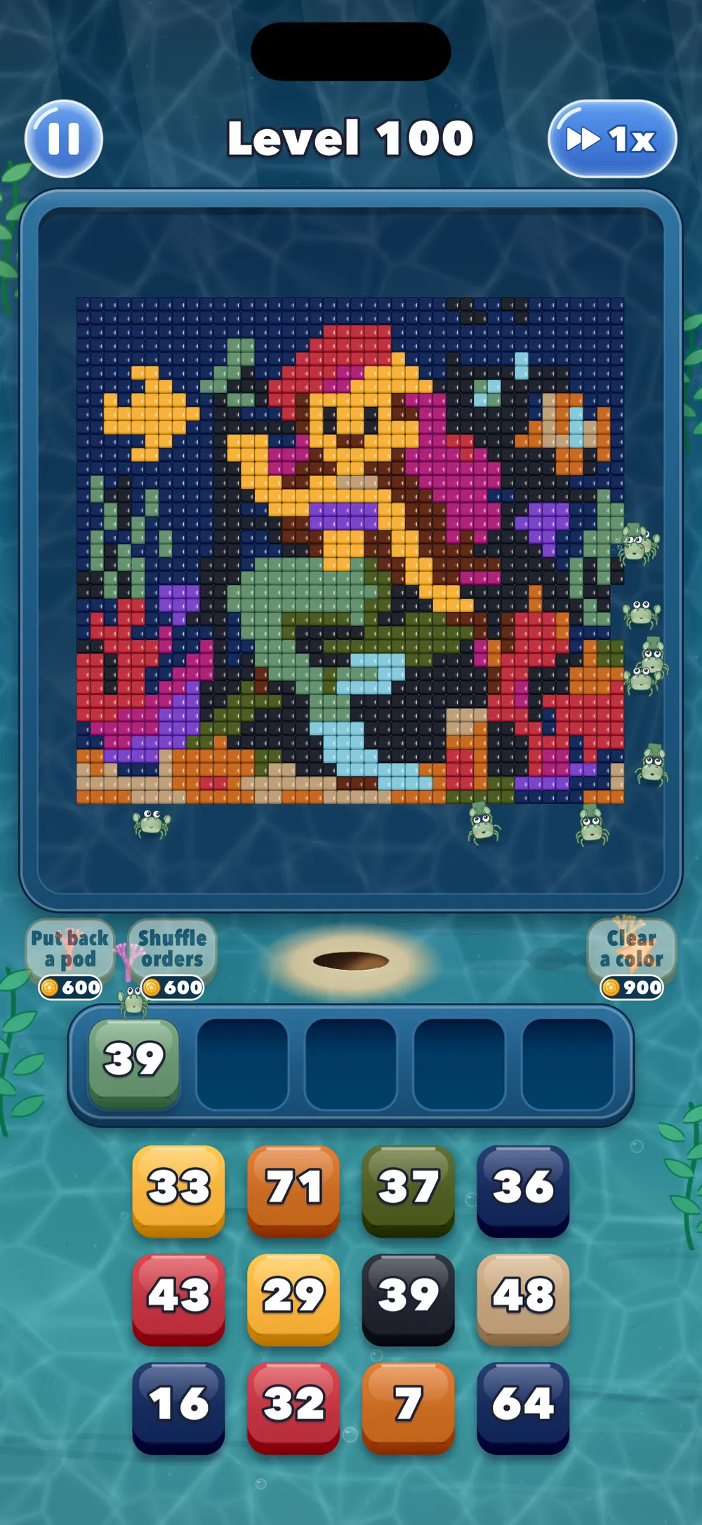 Level 100, a mermaid among coral and fish made of blocks, with small crabs closing in on the tablet and one order loaded in the pockets
